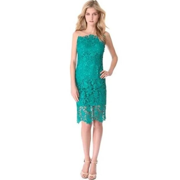Marchesa Notte Teal Lace Cocktail Midi Dress $795